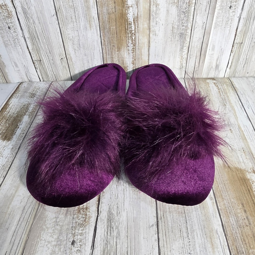 INC International Concepts Purple Velvet Faux Fur Pom Pom Slippers XL 11-12